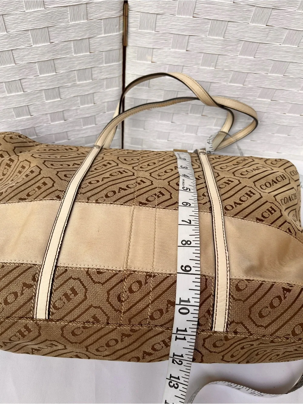 2008 Coach Tan Brown Logo Stripe Tote Bag